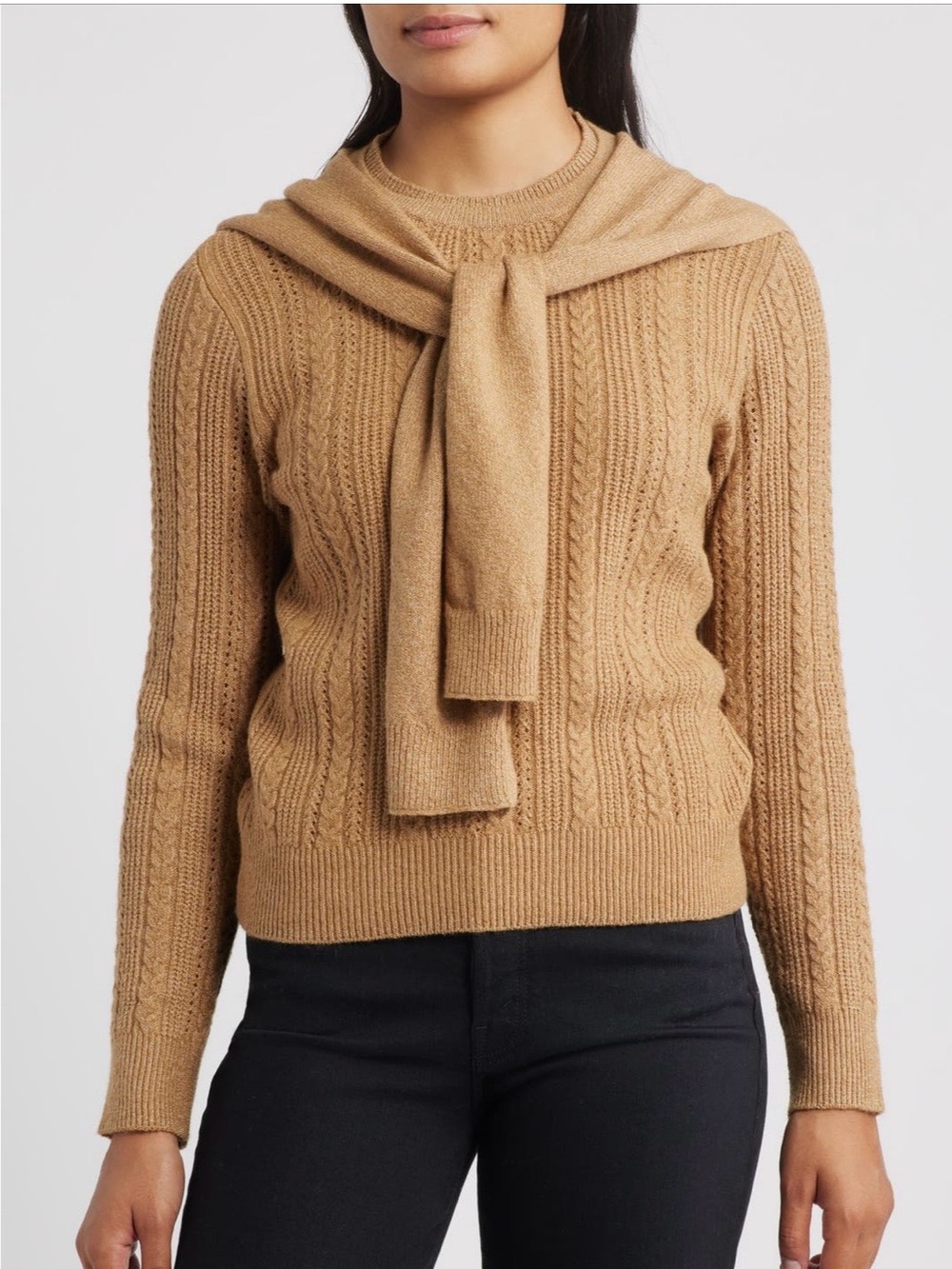 Cable Knit Crewneck Sweater in Camel